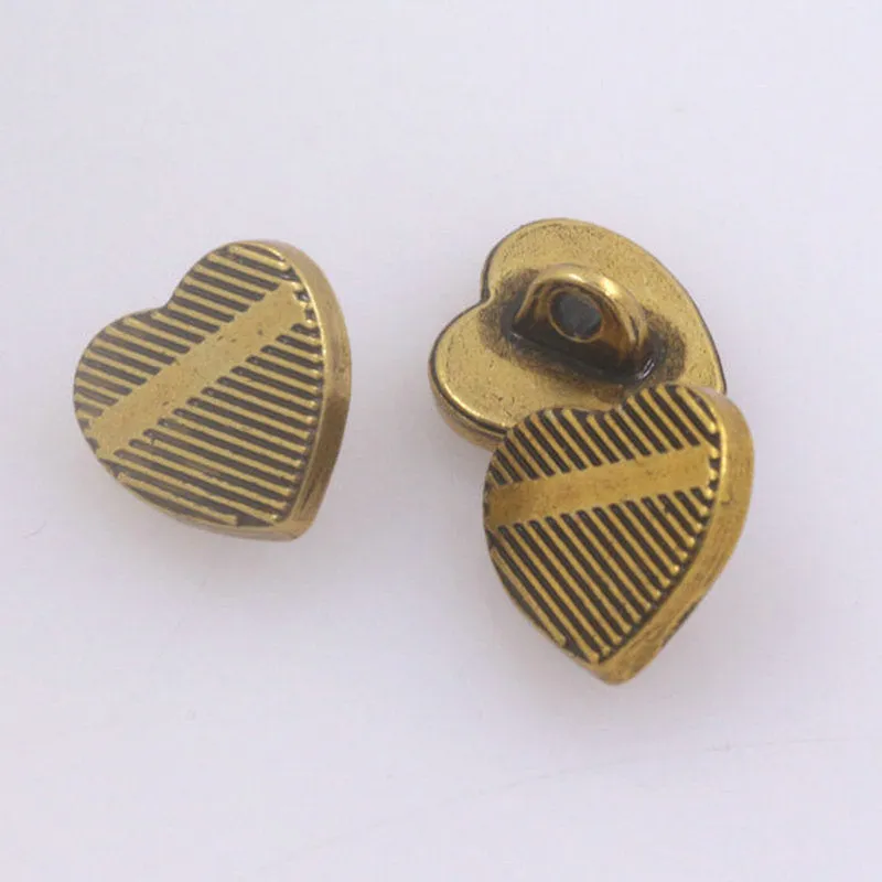10mm Vintage Gold and Nickel Heart Shaped Metal Shank Buttons 100 Pack