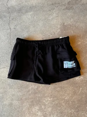 15th St WOMEN Groovy Drip Cargo Pocket Fleece Shorts BABY BLUE on BLACK