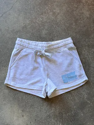 15th St WOMEN Groovy Drip Side Pocket Fleece Shorts BABY BLUE on Heather Grey