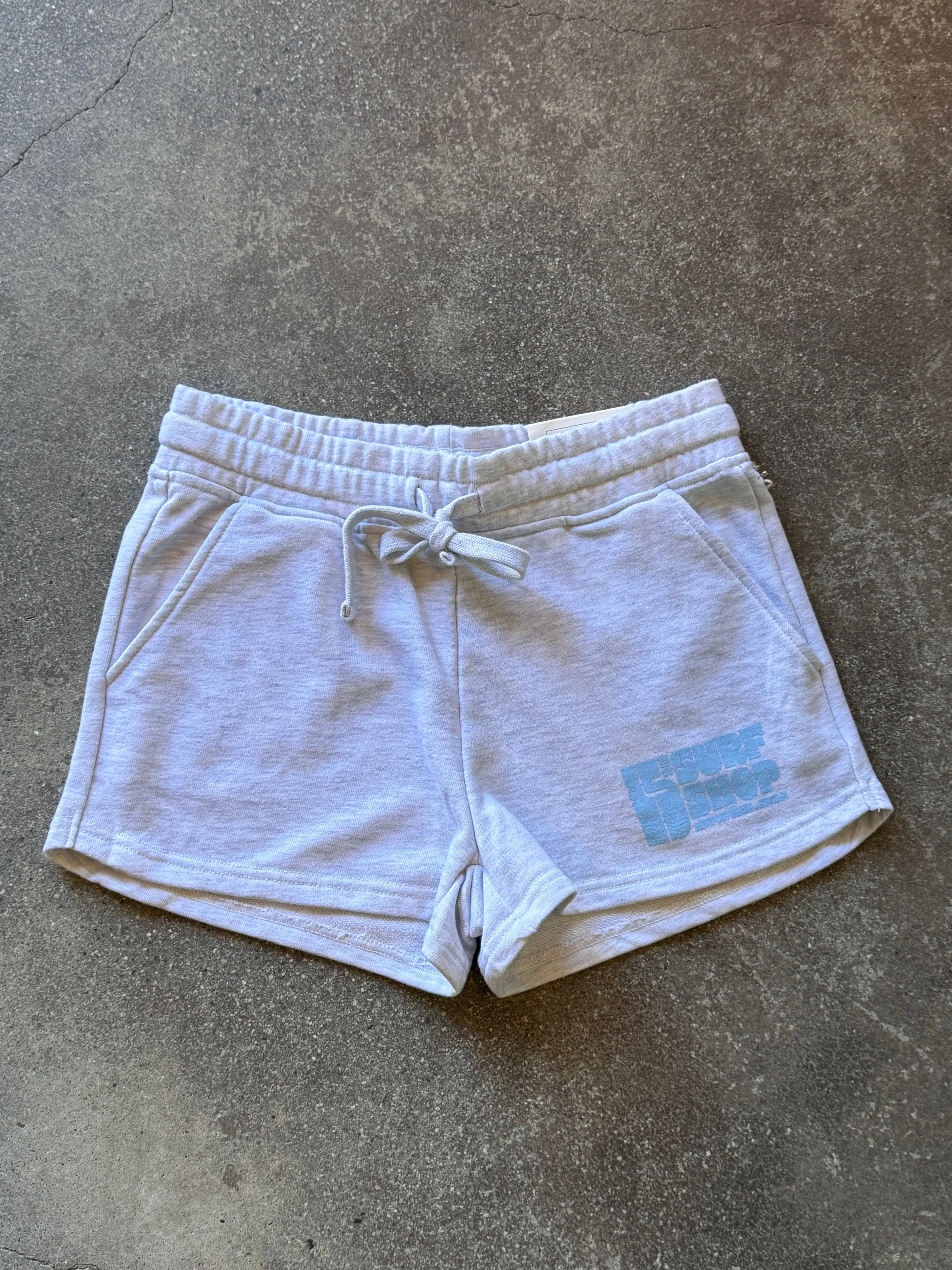 15th St WOMEN Groovy Drip Side Pocket Fleece Shorts BABY BLUE on Heather Grey