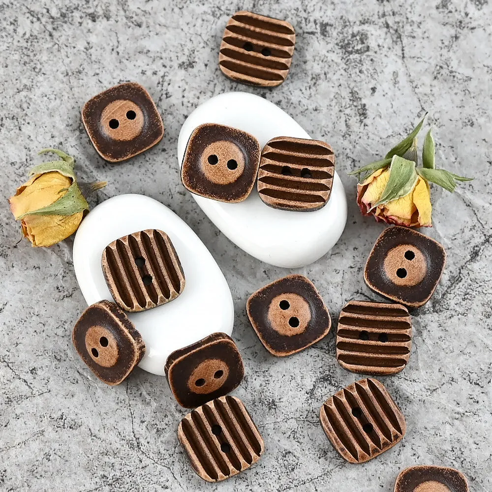 17.5mm Khaki Brown Vintage Square Wood Buttons with Double Sided Usability 20pcs