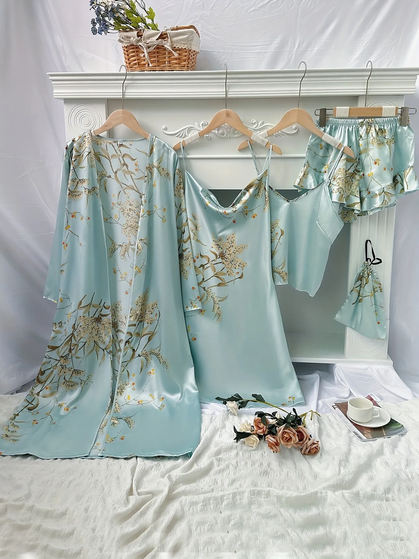 4pcs Women's Floral Print Pajamas Set - Long Sleeve Robe, Cami Dress, Top & Shorts for Loungewear & Sleep