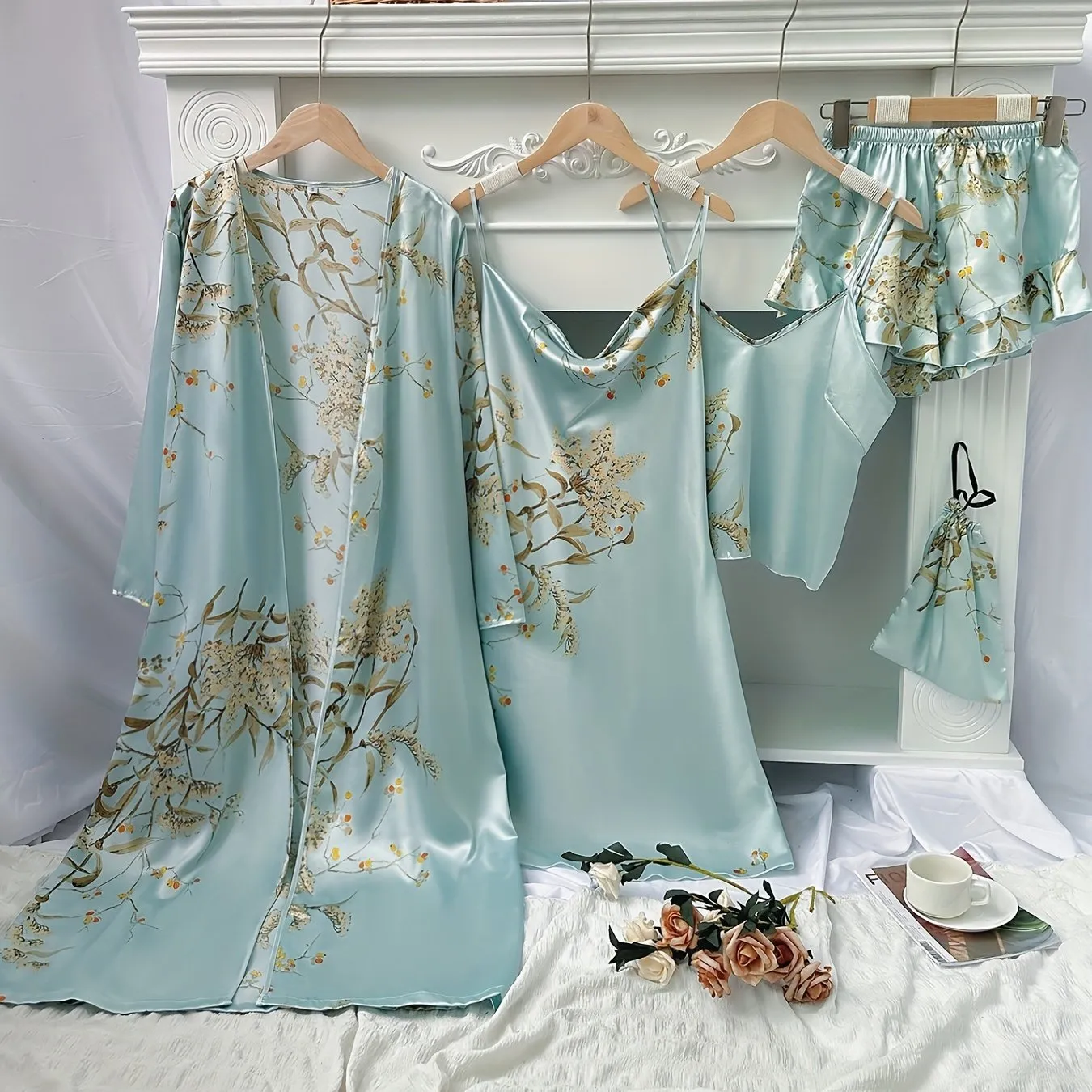 4pcs Women's Floral Print Pajamas Set - Long Sleeve Robe, Cami Dress, Top & Shorts for Loungewear & Sleep