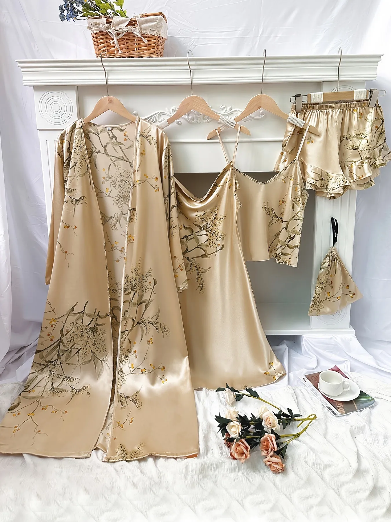 4pcs Women's Floral Print Pajamas Set - Long Sleeve Robe, Cami Dress, Top & Shorts for Loungewear & Sleep