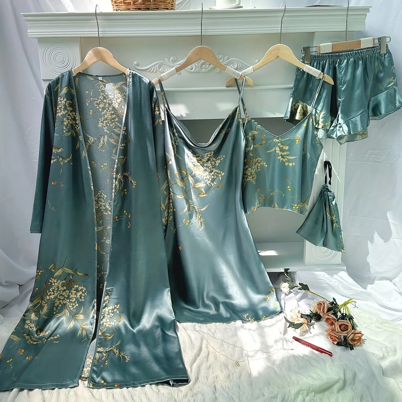 4pcs Women's Floral Print Pajamas Set - Long Sleeve Robe, Cami Dress, Top & Shorts for Loungewear & Sleep