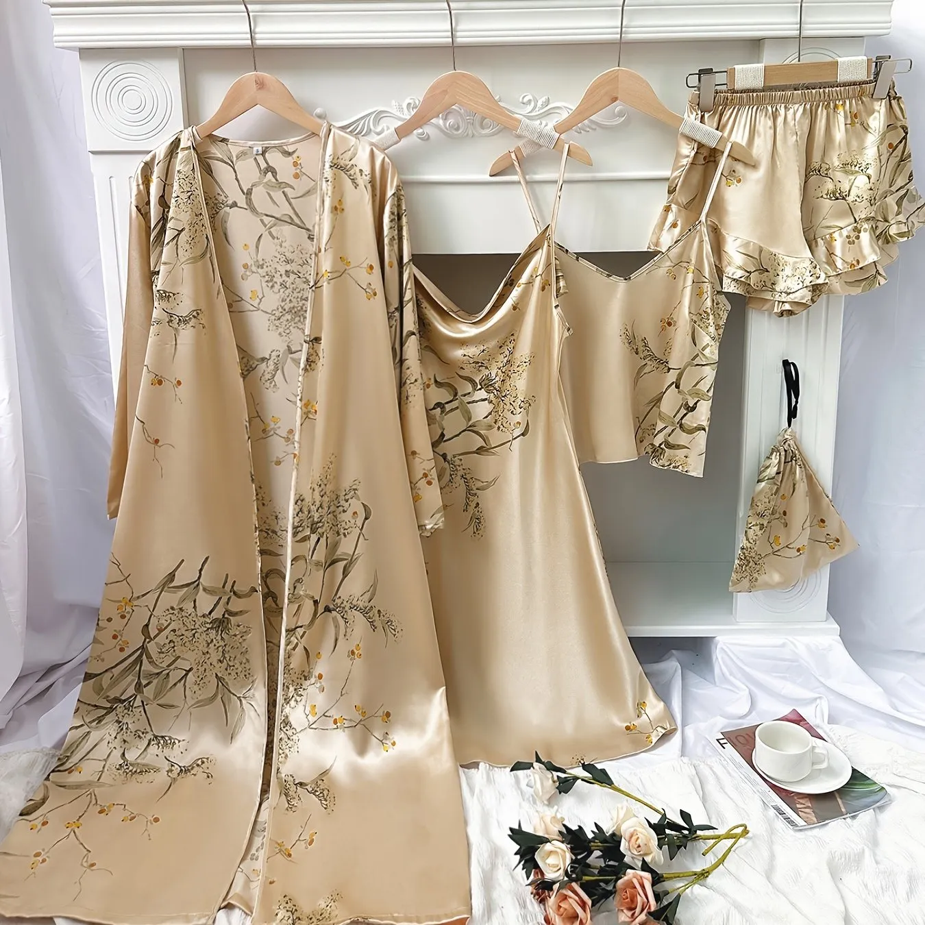 4pcs Women's Floral Print Pajamas Set - Long Sleeve Robe, Cami Dress, Top & Shorts for Loungewear & Sleep
