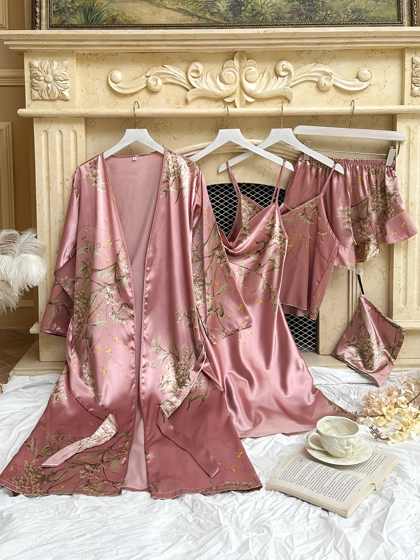 4pcs Women's Floral Print Pajamas Set - Long Sleeve Robe, Cami Dress, Top & Shorts for Loungewear & Sleep