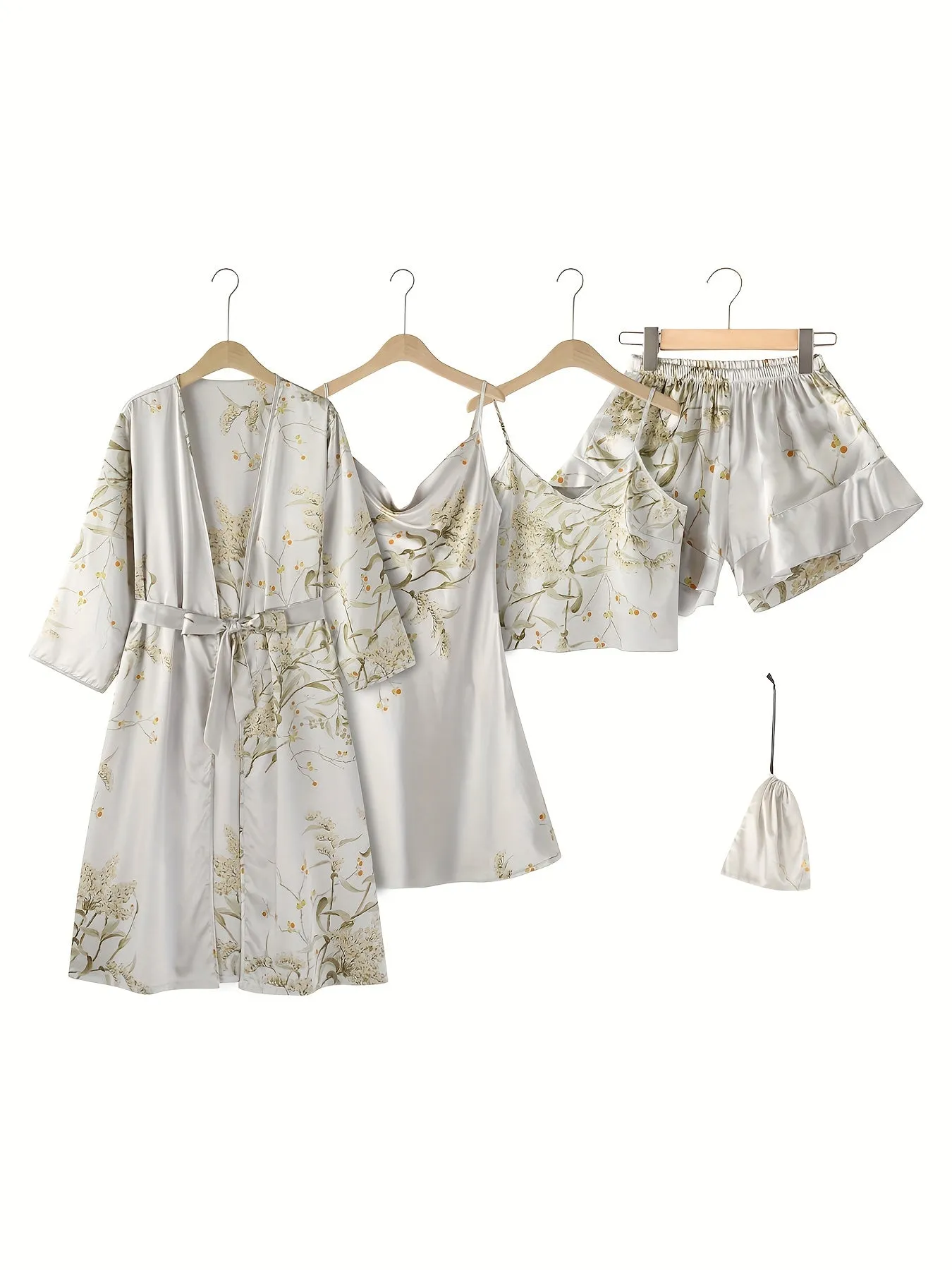 4pcs Women's Floral Print Pajamas Set - Long Sleeve Robe, Cami Dress, Top & Shorts for Loungewear & Sleep