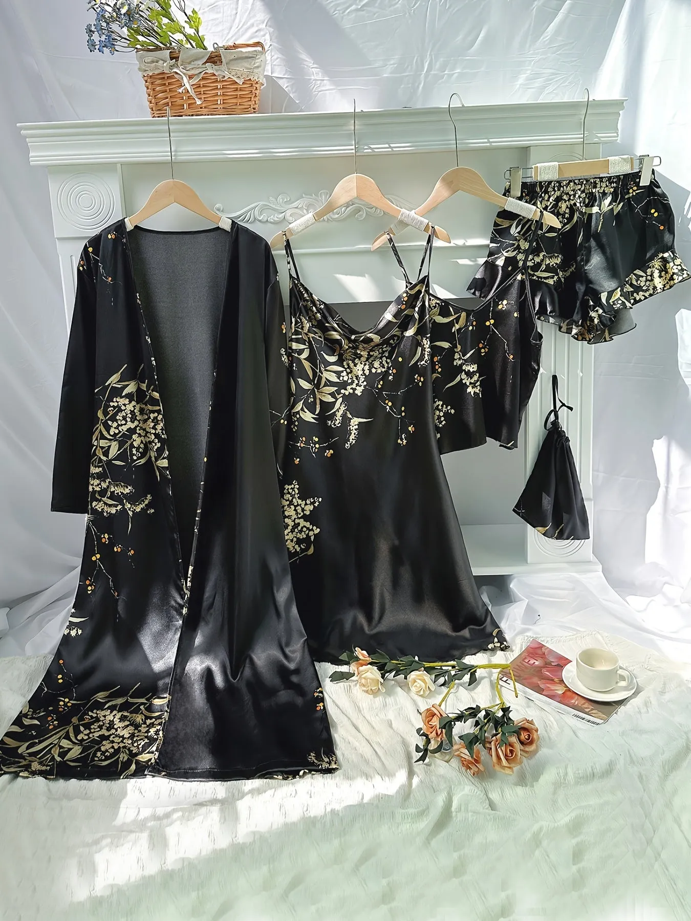 4pcs Women's Floral Print Pajamas Set - Long Sleeve Robe, Cami Dress, Top & Shorts for Loungewear & Sleep
