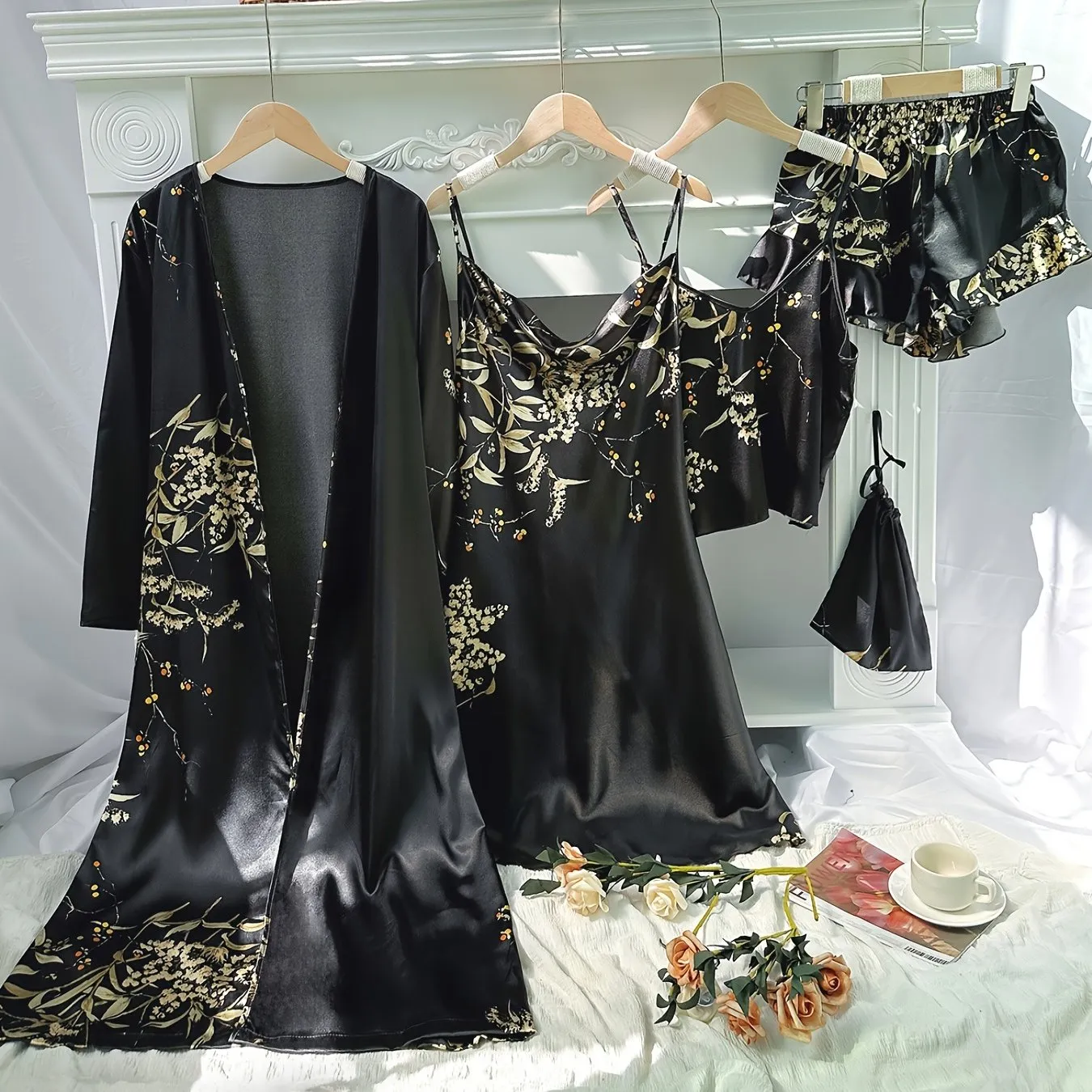 4pcs Women's Floral Print Pajamas Set - Long Sleeve Robe, Cami Dress, Top & Shorts for Loungewear & Sleep