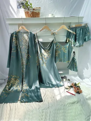 4pcs Women's Floral Print Pajamas Set - Long Sleeve Robe, Cami Dress, Top & Shorts for Loungewear & Sleep