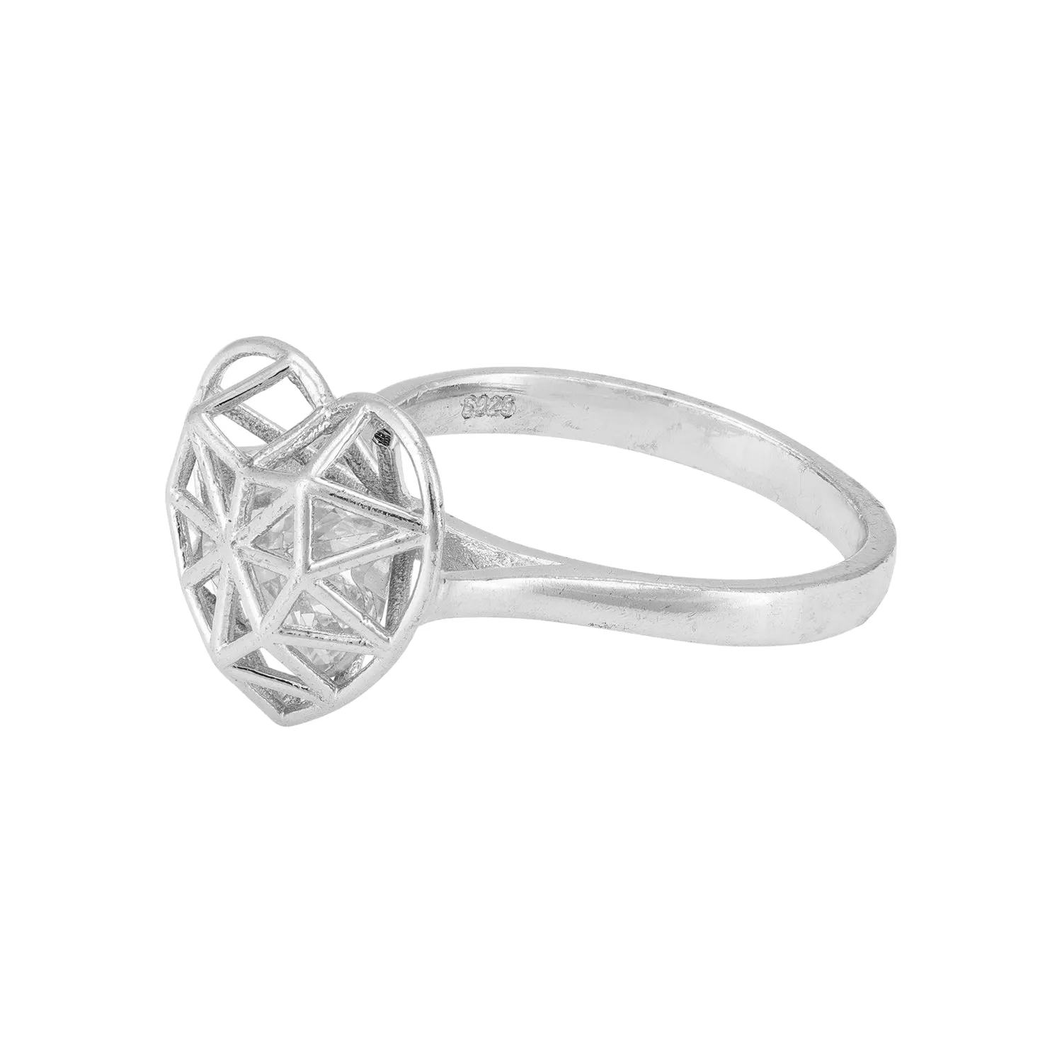 925 Sterling Silver Rhodium Plated Geometric Heart Cage Ring