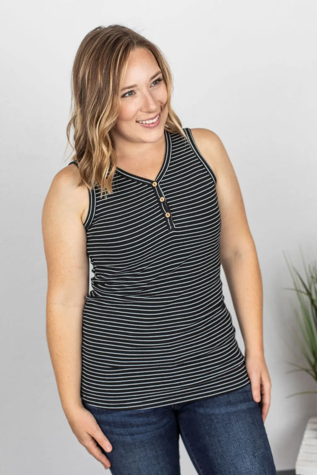 Addison Henley Tank - Black w/White Stripes
