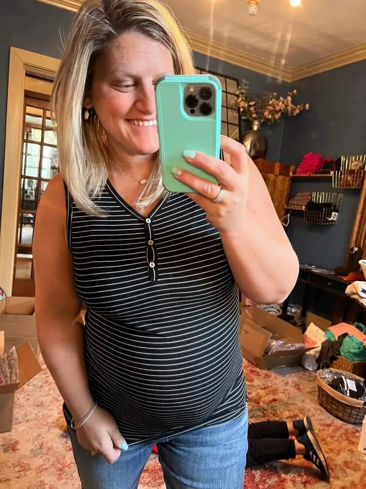 Addison Henley Tank - Black w/White Stripes
