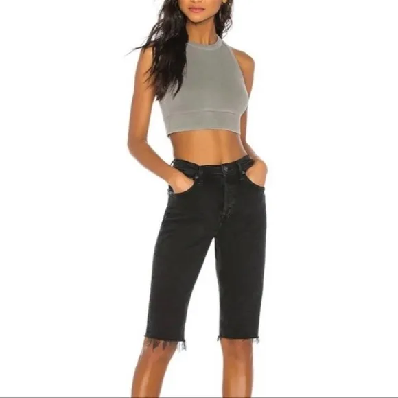 Agolde Carrie Long Length Slim Shorts - High Rise, Black, Size 24