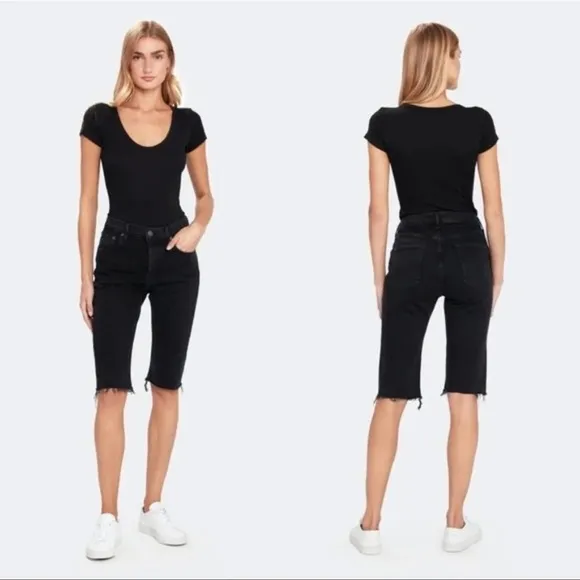 Agolde Carrie Long Length Slim Shorts - High Rise, Black, Size 24