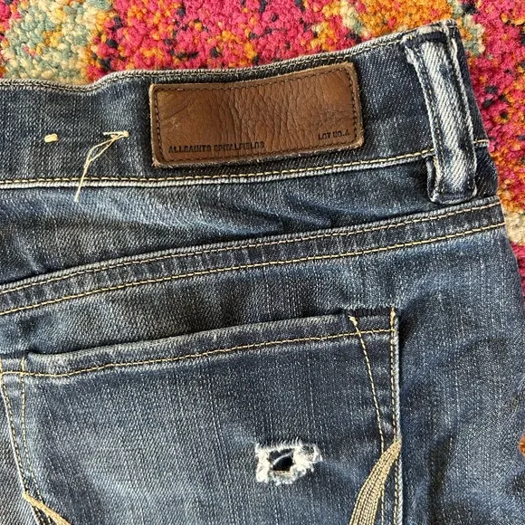 All Saints | Women’s blue distressed raw hem Jean shorts, front/back pockets, 28