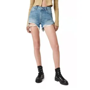 All Saints | Women’s blue distressed raw hem Jean shorts, front/back pockets, 28