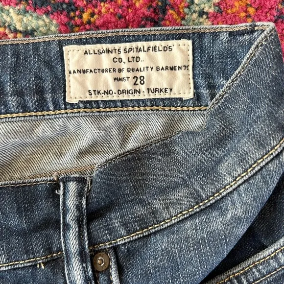 All Saints | Women’s blue distressed raw hem Jean shorts, front/back pockets, 28