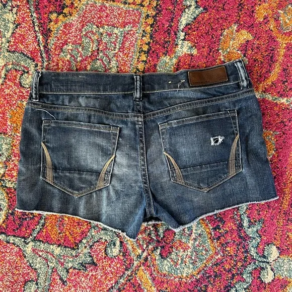 All Saints | Women’s blue distressed raw hem Jean shorts, front/back pockets, 28