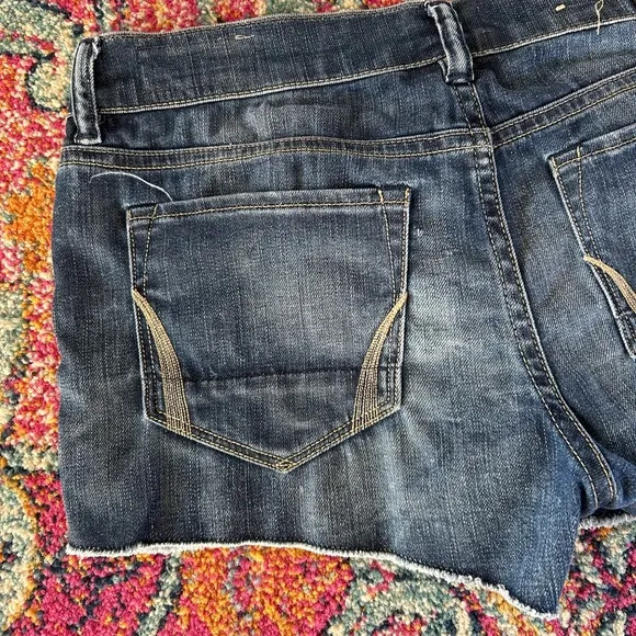 All Saints | Women’s blue distressed raw hem Jean shorts, front/back pockets, 28