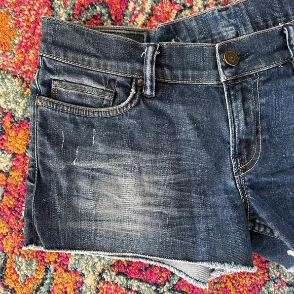 All Saints | Women’s blue distressed raw hem Jean shorts, front/back pockets, 28