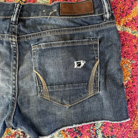 All Saints | Women’s blue distressed raw hem Jean shorts, front/back pockets, 28