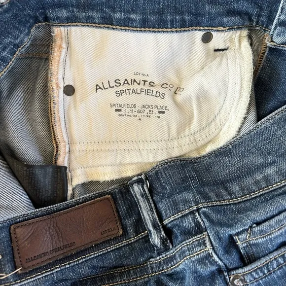 All Saints | Women’s blue distressed raw hem Jean shorts, front/back pockets, 28