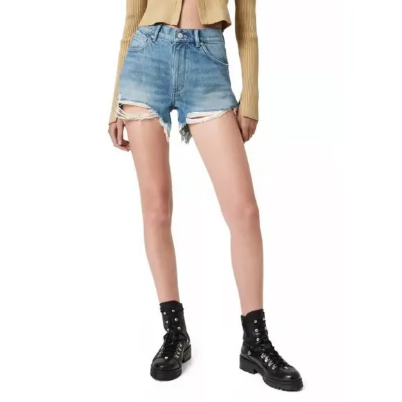 All Saints | Women’s blue distressed raw hem Jean shorts, front/back pockets, 28