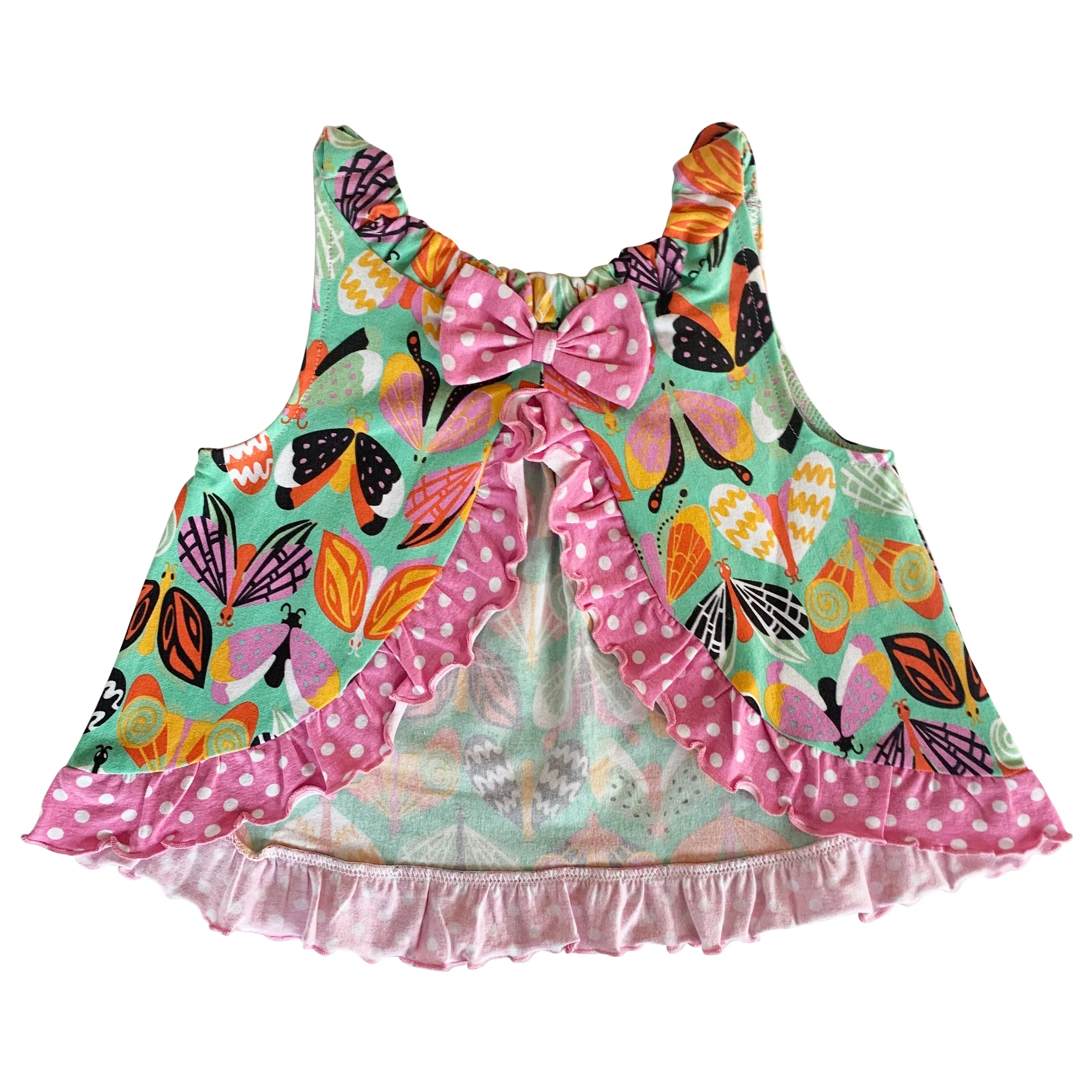 AnnLoren Baby Girls Swing Tank Top Butterfly Polka Dot with Bow And Ruffle Trim Sizes 3M - 24M