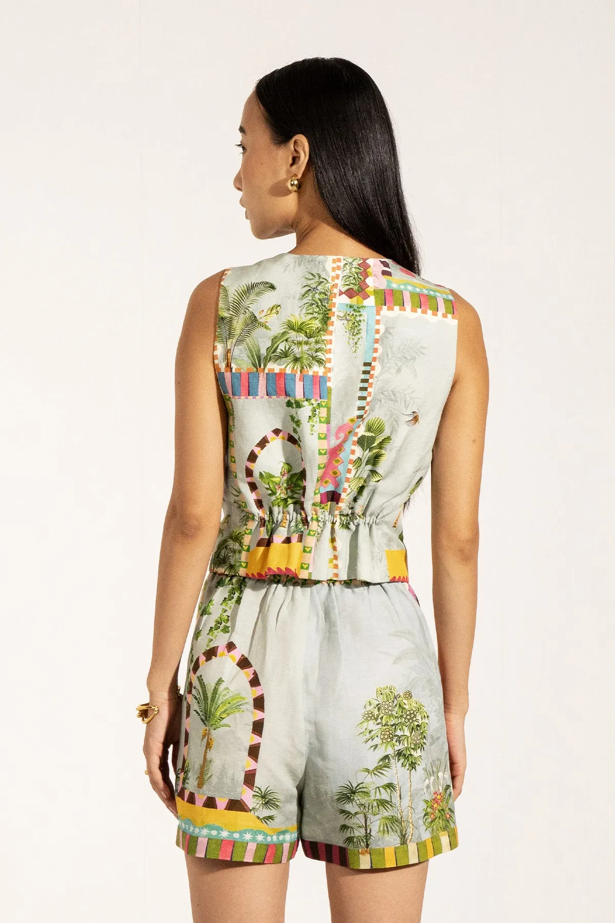 Astra green waistcoat and opal shorts