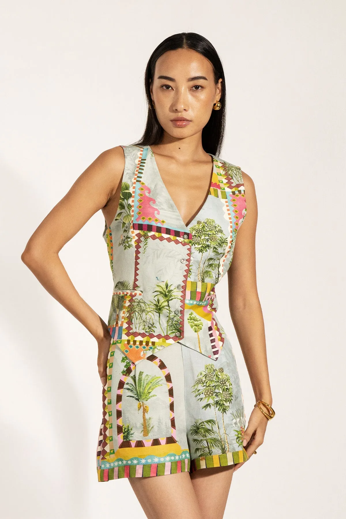 Astra green waistcoat and opal shorts