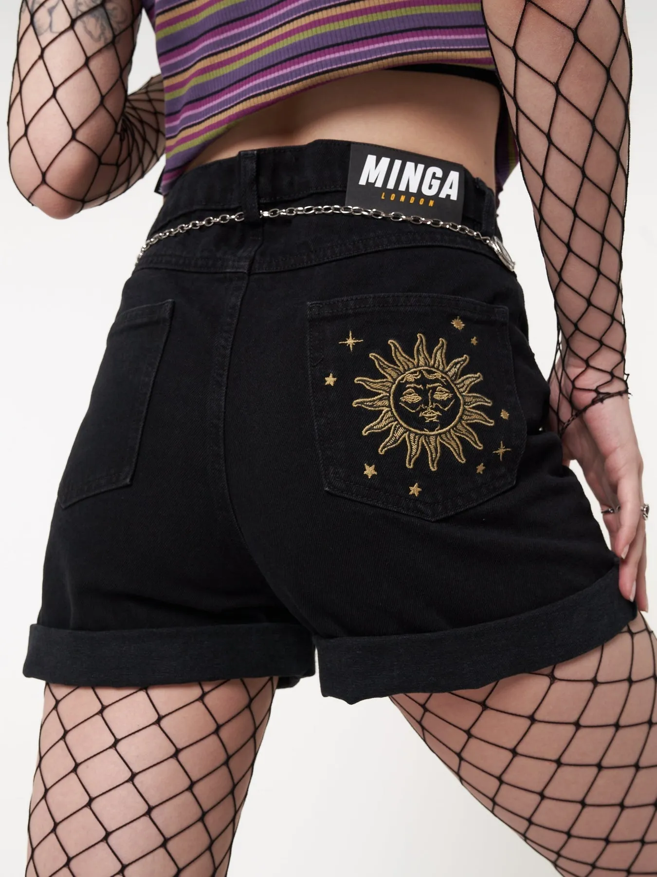 Astral Black Embroidered Denim Mom Shorts