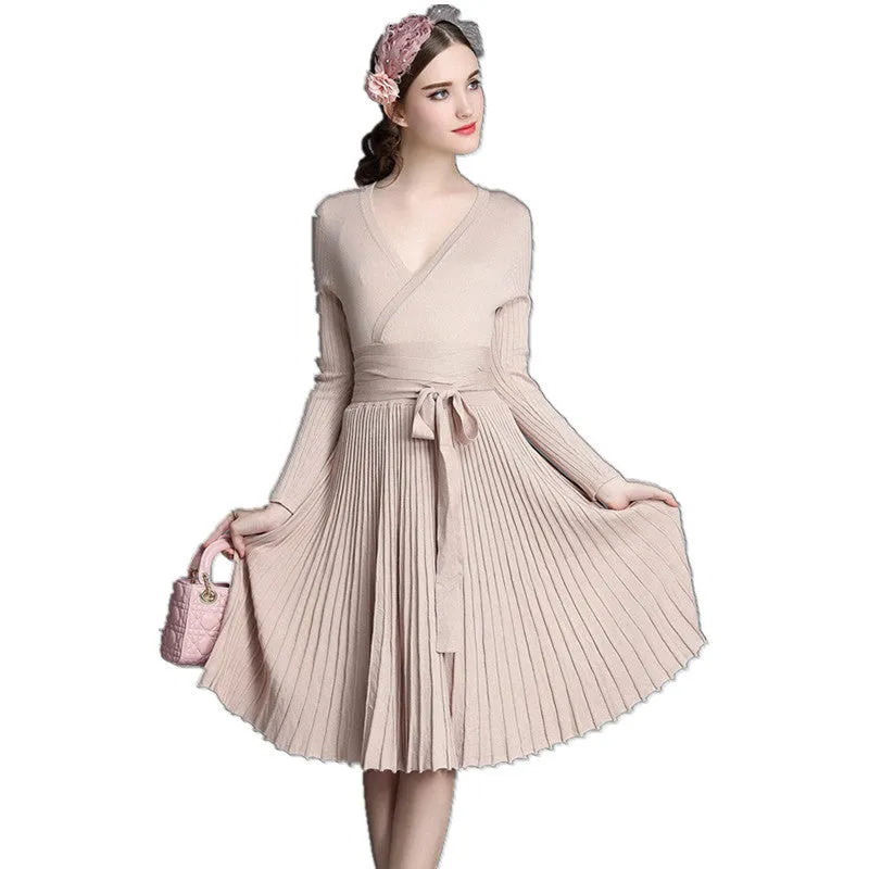 Autumn Women's Fashion Sweaters Dresses A-line Deep V Neck Belted Pleated Vintage Dress Long Sleeve Knitting Dress