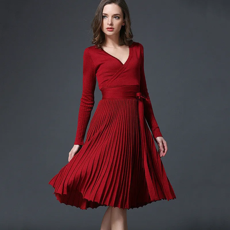 Autumn Women's Fashion Sweaters Dresses A-line Deep V Neck Belted Pleated Vintage Dress Long Sleeve Knitting Dress