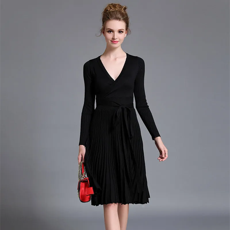 Autumn Women's Fashion Sweaters Dresses A-line Deep V Neck Belted Pleated Vintage Dress Long Sleeve Knitting Dress