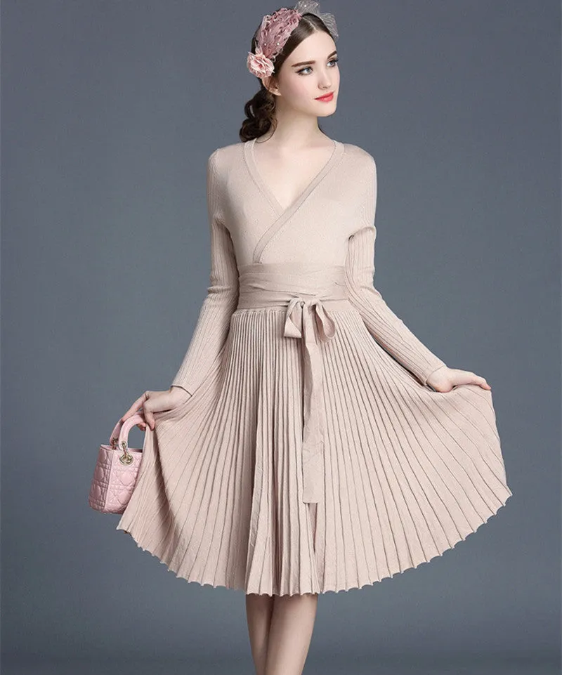 Autumn Women's Fashion Sweaters Dresses A-line Deep V Neck Belted Pleated Vintage Dress Long Sleeve Knitting Dress