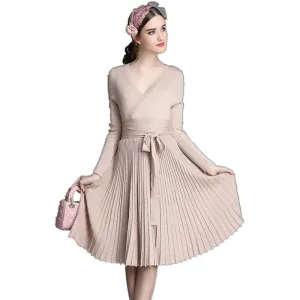 Autumn Women's Fashion Sweaters Dresses A-line Deep V Neck Belted Pleated Vintage Dress Long Sleeve Knitting Dress