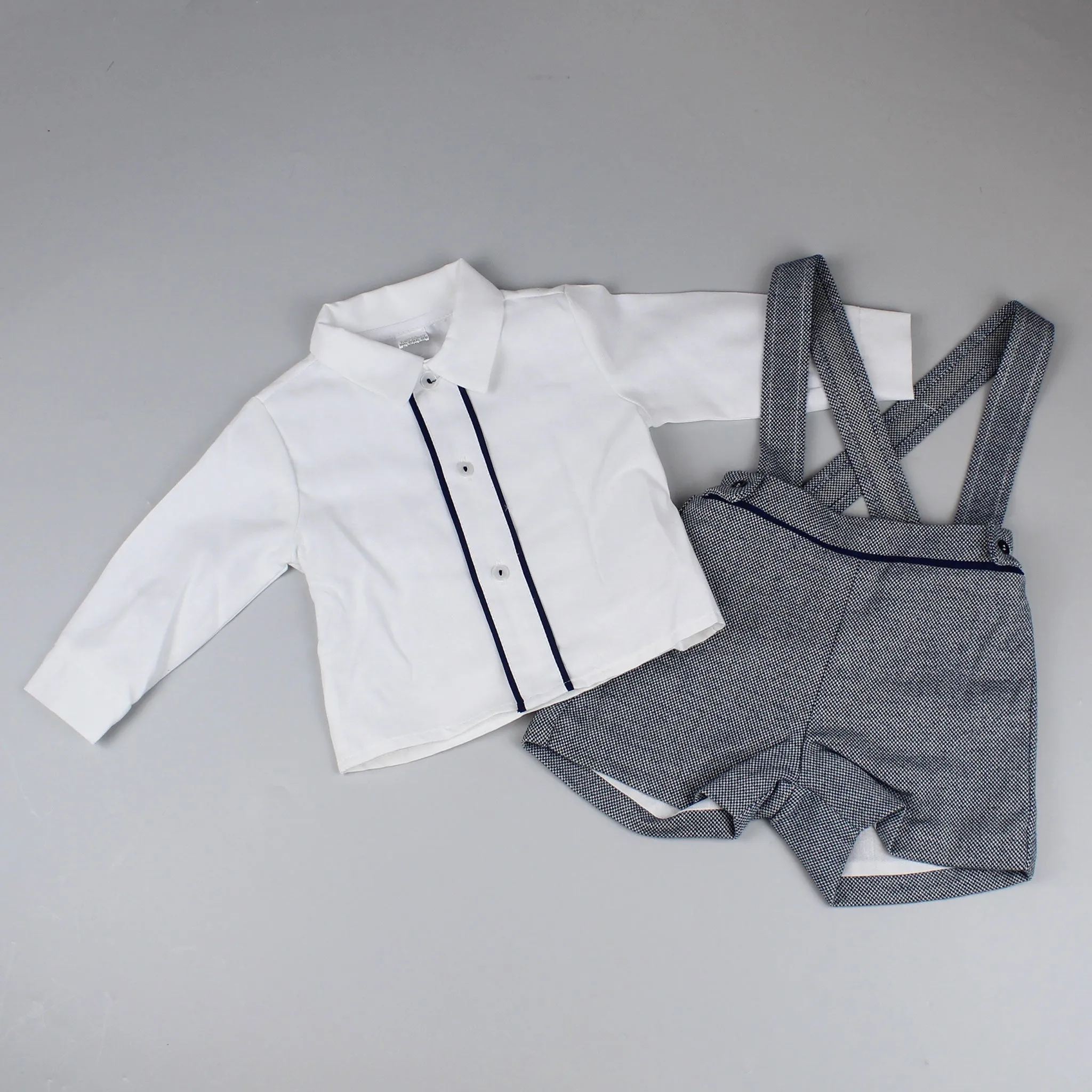 Baby Boys Navy / Grey Two Piece Outfit- Shirt, Braces and Shorts Set