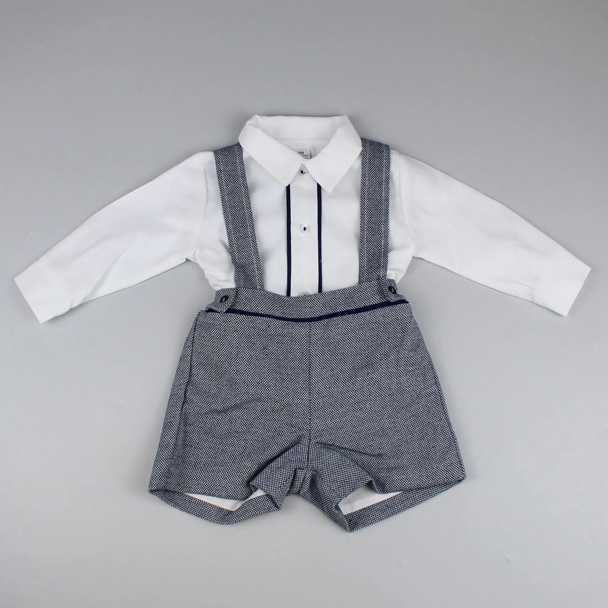 Baby Boys Navy / Grey Two Piece Outfit- Shirt, Braces and Shorts Set