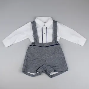 Baby Boys Navy / Grey Two Piece Outfit- Shirt, Braces and Shorts Set