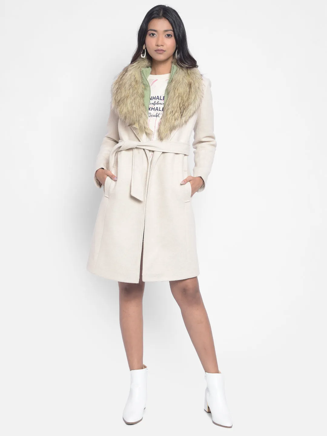 Beige Faux Fur Detailed Wrap Coat