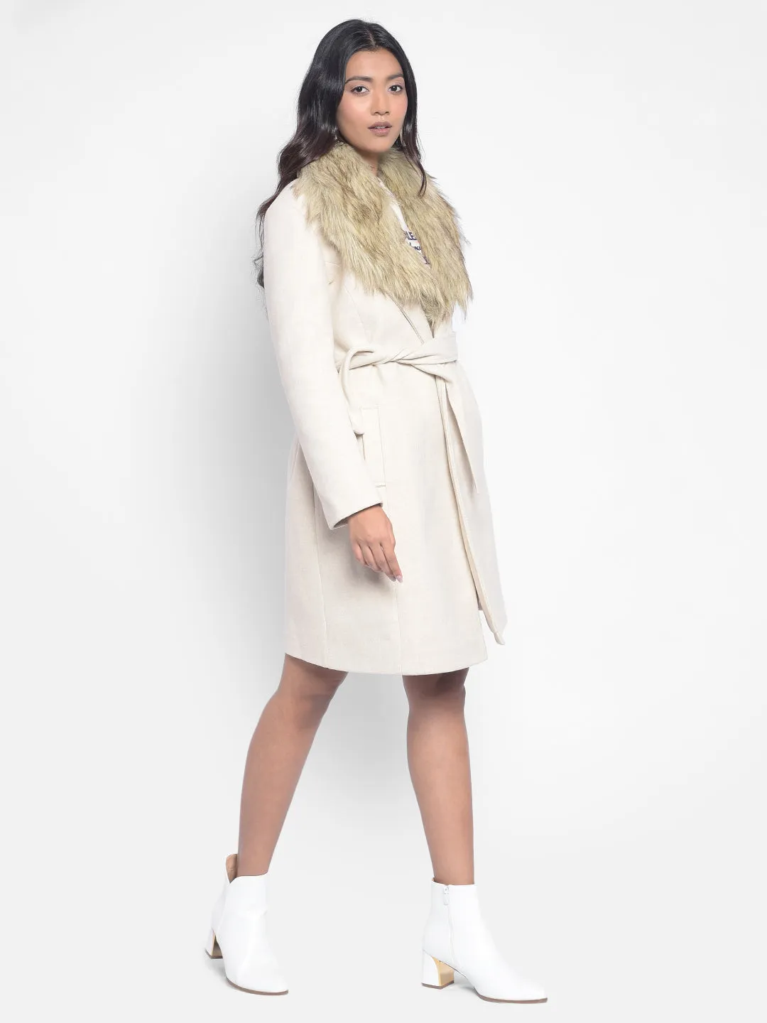 Beige Faux Fur Detailed Wrap Coat