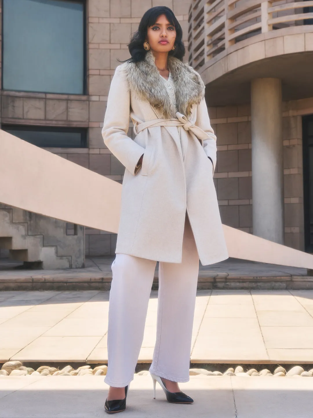 Beige Faux Fur Detailed Wrap Coat