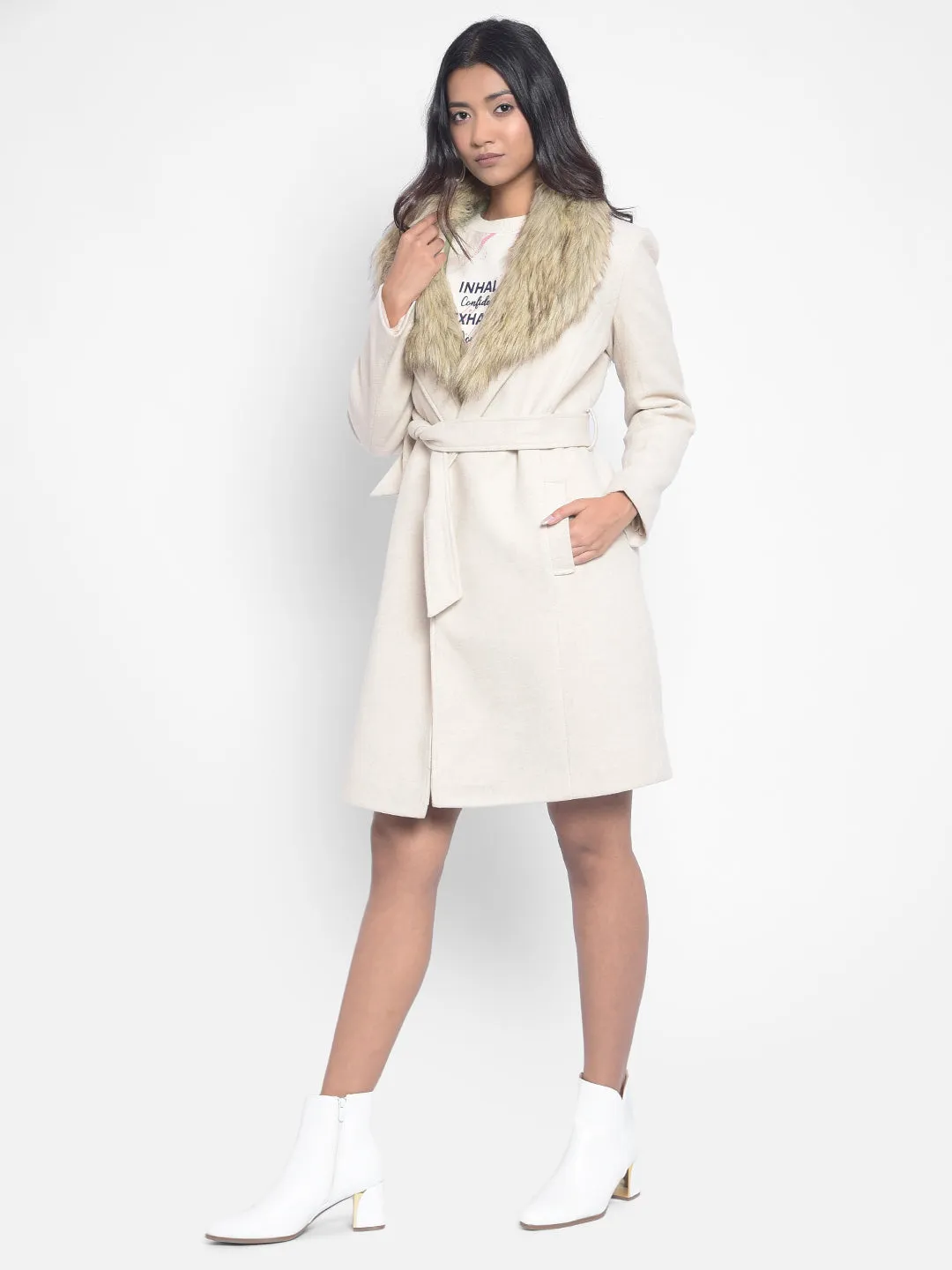 Beige Faux Fur Detailed Wrap Coat