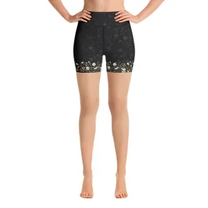 Black Jacquard and Gold Flowers - Yoga Shorts