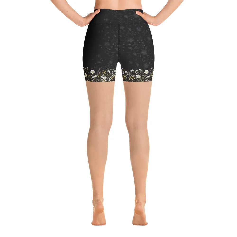 Black Jacquard and Gold Flowers - Yoga Shorts