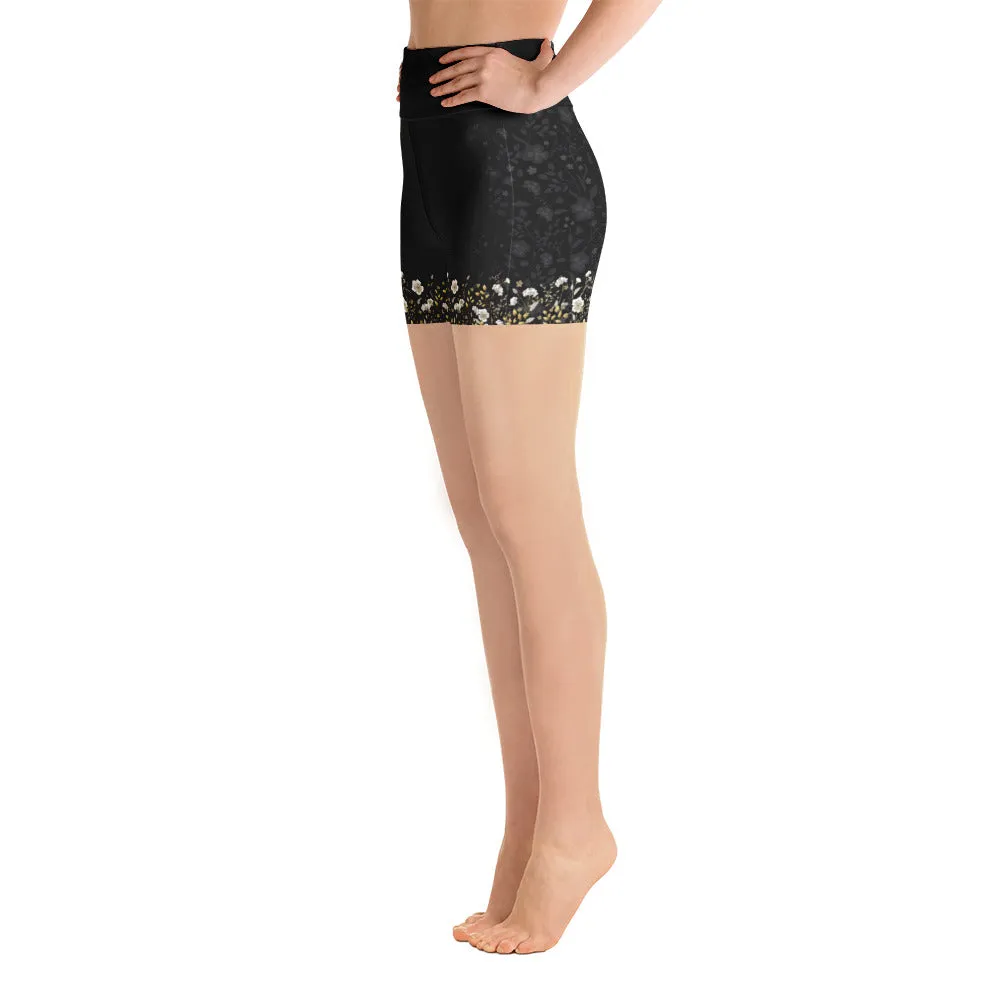 Black Jacquard and Gold Flowers - Yoga Shorts