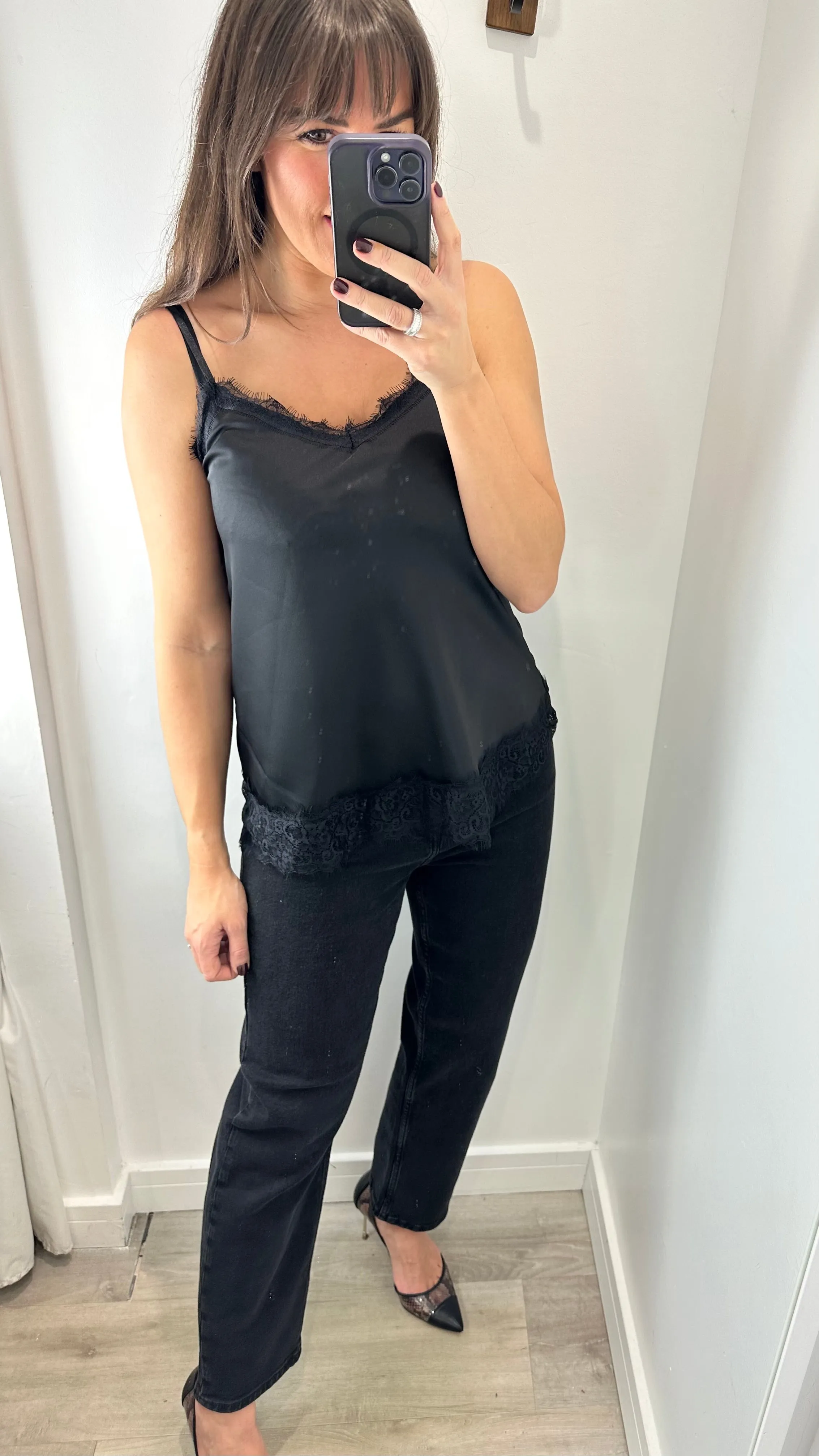 BLACK LACE DETAIL SILK CAMI TOP