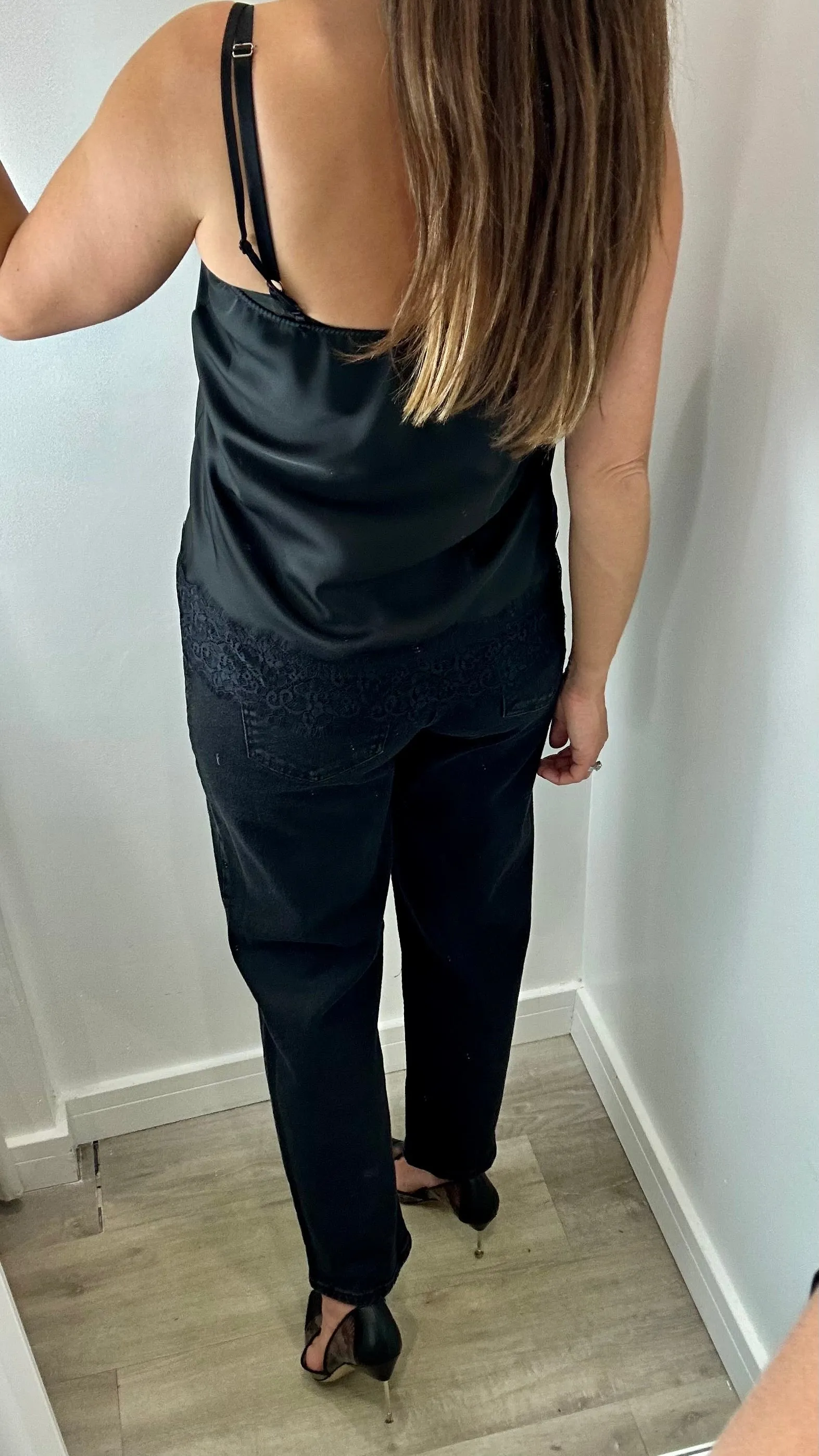 BLACK LACE DETAIL SILK CAMI TOP